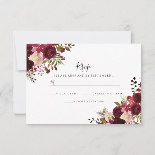Marsala Bordeaux Rouge Floral Mariage RSVP (Devant)