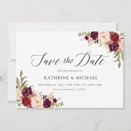 Marsala Bordeaux Save the Date Kaart (Voorkant)