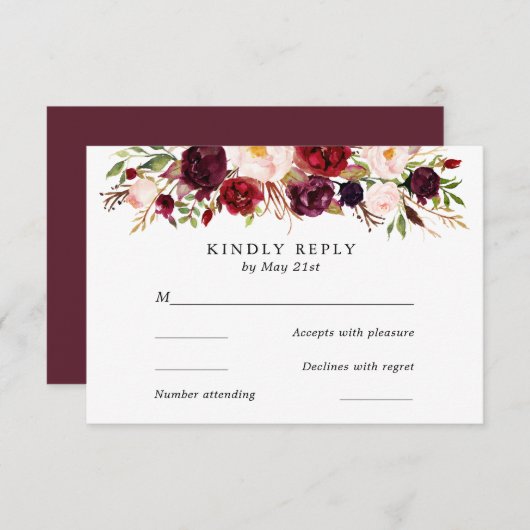 Marsala Bourgogne Fleurs Mariage Carte RSVP (Devant / Derrière)