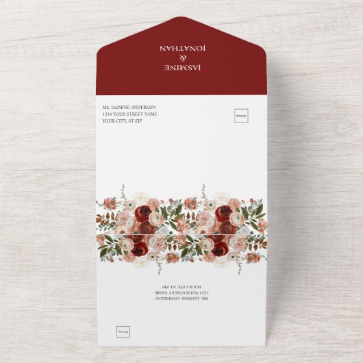 Marsala, Bourgondië, Blush, Groene Herfst Bloemig All In One Uitnodiging (Buitenkant)