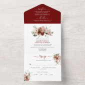 Marsala, Bourgondië, Blush, Groene Herfst Bloemig All In One Uitnodiging (Binnen)