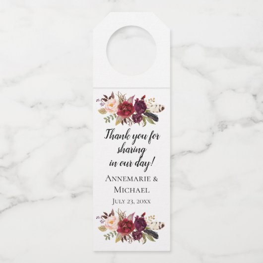 Marsala Bourgondië Boho Waterverf Bloemen Flessenhanger (Voorkant)