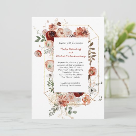Marsala Burgundy Blush Herfst Floral Wedding Kaart (Staand voorkant)