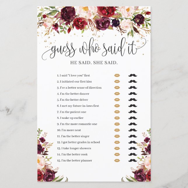 Marsala burgundy floral gier die het spel zei (Voorkant)