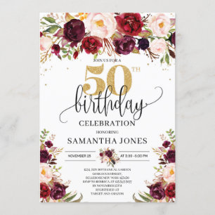 Marsala burgundy floral gold glitter 50ste verjaar kaart
