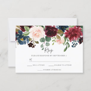 Marsala Burgundy Floral Modern Spring Wedding RSVP Kaartje