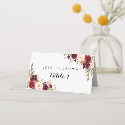 Marsala Burgundy Floral Wedding Place Card (Voorkant)