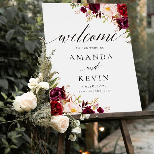 Marsala burgundy Floral Wedding Welcome Sign Poster