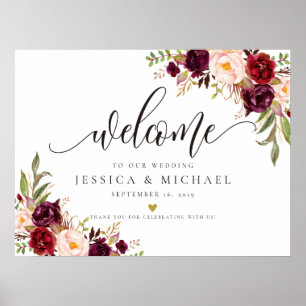 Marsala Burgundy Floral Wedding Welkom Poster