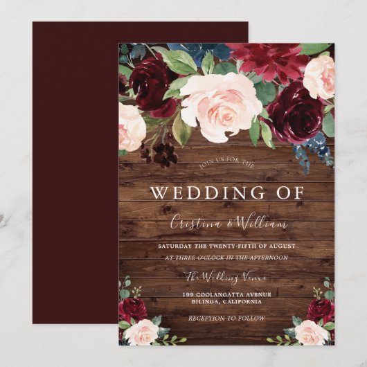 Marsala Burgundy Red en Blush Rustic Wedding Kaart (Voorkant / Achterkant)