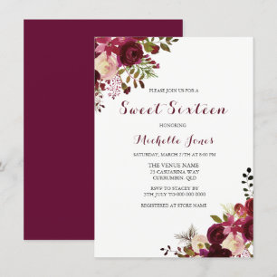 Marsala Burgundy Red Floral Spring Sweet 16 Invite Kaart