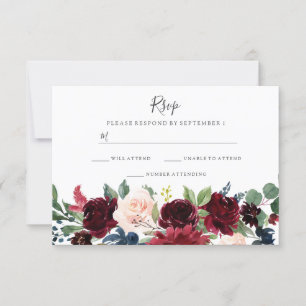 Marsala Burgundy Red Wine Floral Wedding RSVP Kaartje