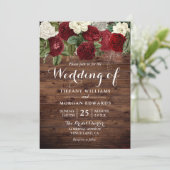 Marsala Burgundy Rustic Red Roses Wedding Kaart (Staand voorkant)