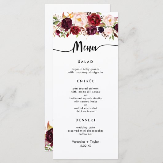 Marsala Burgundy Simple 3 plats menu mariage (Devant / Derrière)