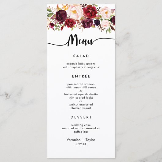 Marsala Burgundy Simple 3 plats menu mariage (Devant)