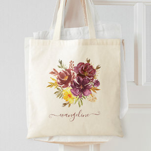 Marsala Burgundy Waterverf Floral gepersonaliseerd Tote Bag