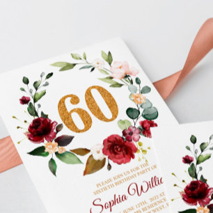 Marsala & Burgundy Wreath 60th Birthday Invitation Kaart