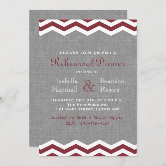 Marsala Chevrons on Grey Rehearsal Dinner Invite Kaart (Voorkant / Achterkant)