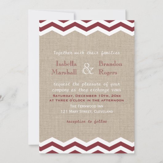 Marsala Chevrons sur Burlap Faire-part de mariage (Devant)