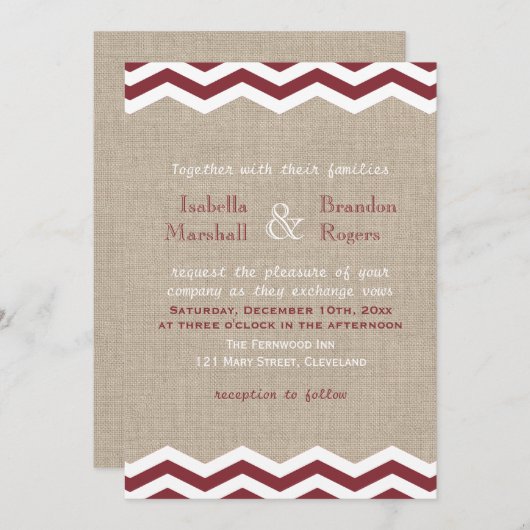 Marsala Chevrons sur Burlap Faire-part de mariage (Devant / Derrière)