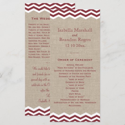 Marsala Chevrons sur le programme de mariage Burla (Devant / Derrière)