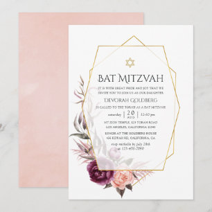 Marsala en Blush Bloemrijke Geometrische Bat Mitzv Kaart