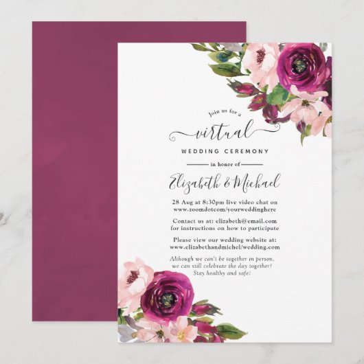 Marsala en Blush Floral Online Virtual Wedding Kaart (Voorkant / Achterkant)