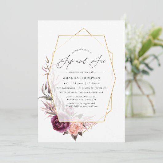 Marsala en Blush Geometric Sip en See Party Kaart (Staand voorkant)