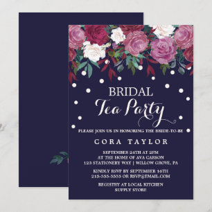 Marsala en Bourgogne Floral op Navy Bridal Tea Par Kaart