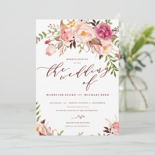 Marsala en Gold Boho Garden bruiloft uitnodiging (Staand voorkant)