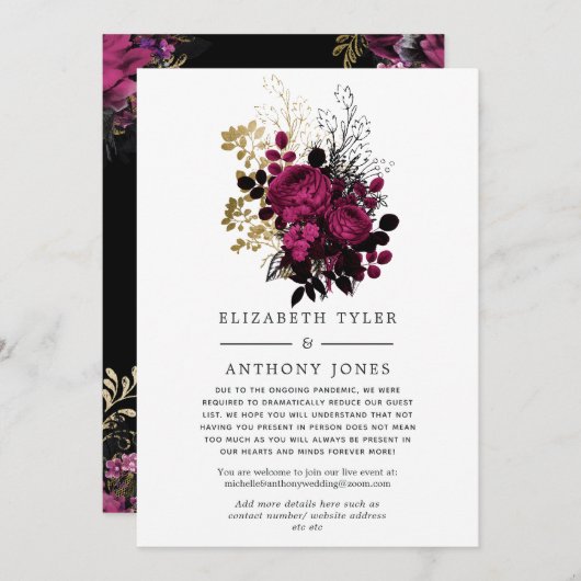 Marsala en Gold Floral Wedding Guest List Aankondiging (Voorkant / Achterkant)