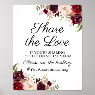 Marsala en Pink Floral Wedding Hashtag Poster