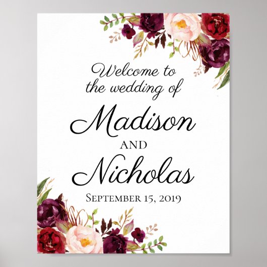 Marsala en Pink Floral Wedding Welkomstteken Poster (Voorkant)