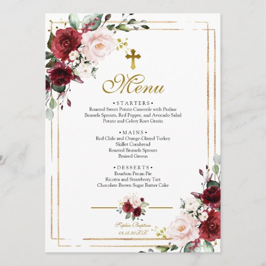 Marsala Fleurs & Gold Frame Baptism Menu (Devant)