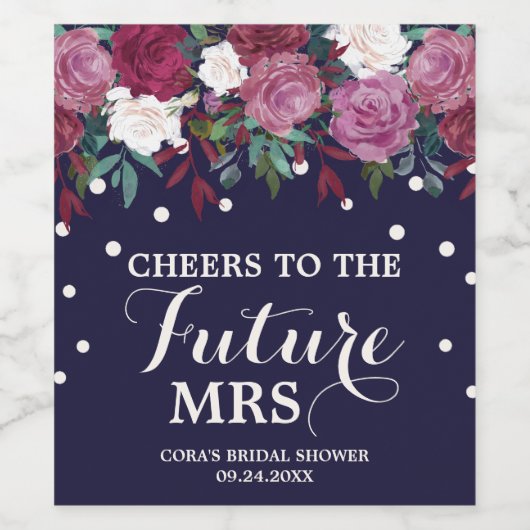 Marsala Floral and Navy Future Mrs Vrijgezellenfee Wijn Etiket (Enkel label)