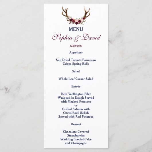 Marsala Floral Antlers Marine Blue Fall Menu (Devant)