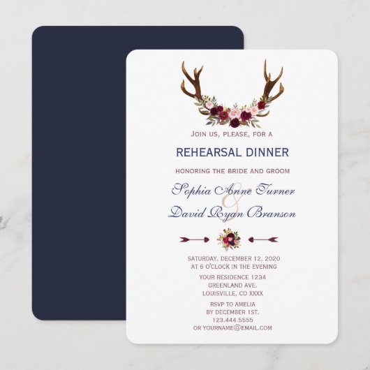 Marsala Floral Antlers marineblauw repetitief dine Kaart (Voorkant / Achterkant)