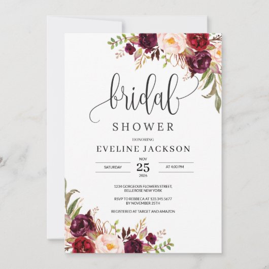 Marsala Floral Corners Invitation de la douche nup (Devant)