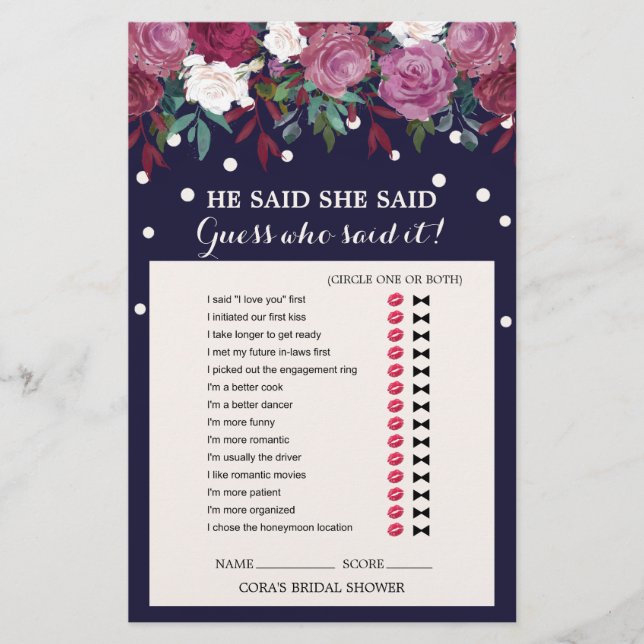 Marsala Floral en Navy zei dat ze Game zei (Voorkant)