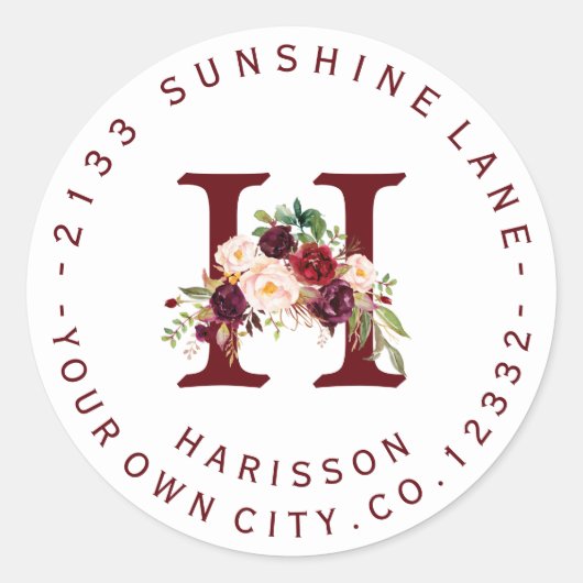 Marsala Floral Monogram Circular Address Label (Voorkant)