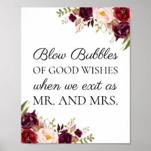 Marsala Floral Wedding Bubbles of Good Wish Sign Poster
