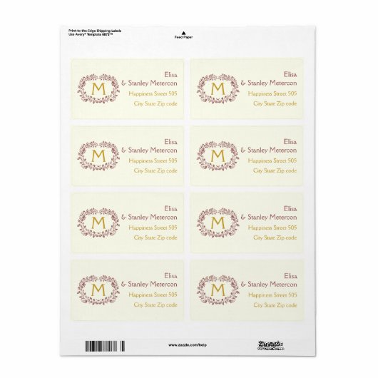 Marsala gebladerte krans lijst & monogram bruiloft etiket (Full Sheet)