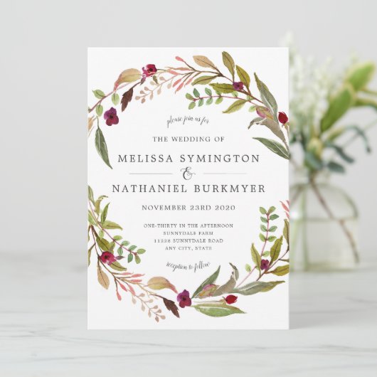 Marsala Green Wreath Faire-part de mariage (Debout devant)