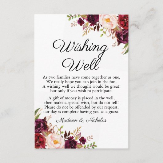 Marsala & Mariage rose Floral Envie de cartes de p (Devant)