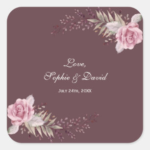 Marsala Maroon Bloemen Waterverf Bruiloft Vierkante Sticker