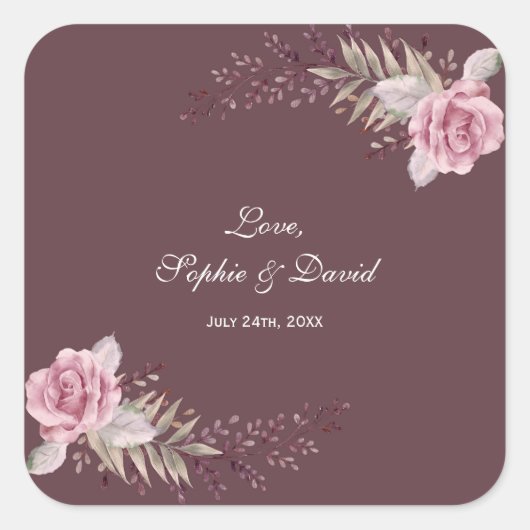 Marsala Maroon Bloemen Waterverf Bruiloft Vierkante Sticker (Voorkant)