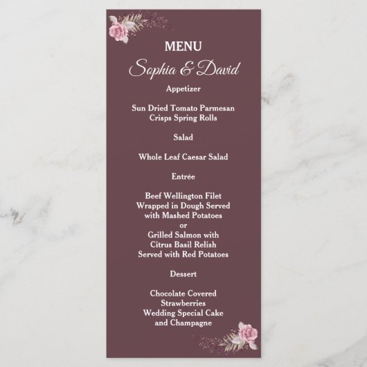 Marsala Maroon Boho Floral Mariage Menu (Devant)