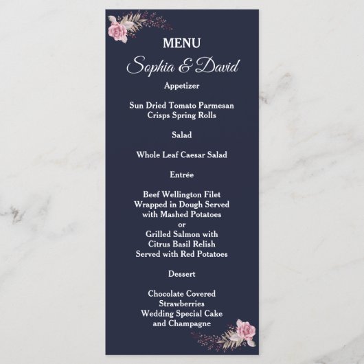 Marsala Maroon Floral Navy Blue Mariage Menu (Devant)