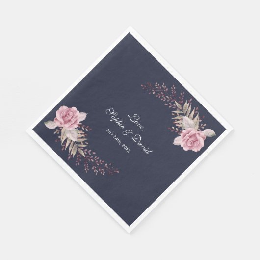 Marsala Maroon Navy Bloemrijke Waterverf Bruiloft Servet (Hoek)
