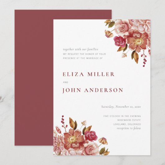 Marsala Modern Rustic Waterverf Floral Wedding Kaart (Voorkant / Achterkant)